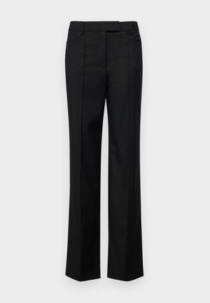 Black tailored pants with a straight-leg design, featuring two frontal pockets, a smooth fabric texture, and clean lines.