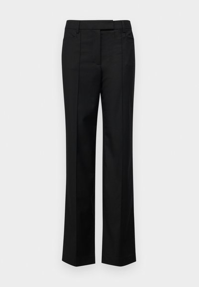 Black tailored pants with a straight-leg design, featuring two frontal pockets, a smooth fabric texture, and clean lines.