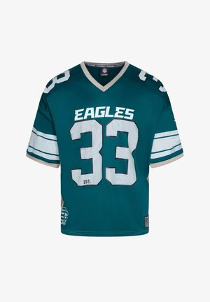 Teal football jersey featuring white and silver accents, “EAGLES” text, and player number "33" on front, with a V-neck and mesh sleeves.