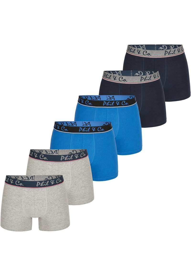 Sada šesti pánských boxerek v šedé, modré a námořnické barvě. Měkký bavlněný materiál s elastickými pasy, na kterých je uvedeno jméno značky "Phil & Co."