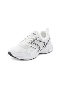 Weißer Sportschuh mit schwarzen Akzenten, Obermaterial aus Mesh, gepolstertem Kragen und strukturiertem Sohlen. Verfügt über eine verstärkte Zehenpartie für Langlebigkeit und ein schnürbares Design.