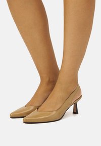 Piedi che indossano décolleté beige con punta affusolata e tacco a blocco curvo basso su uno sfondo bianco.