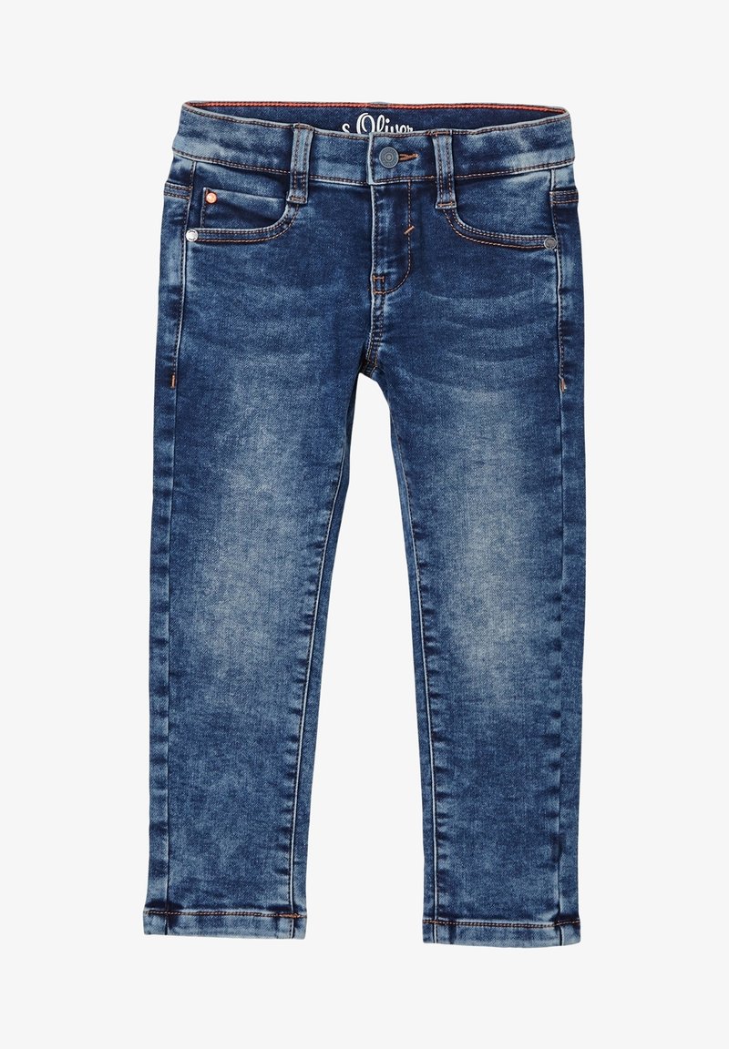 Jeans skinny in denim blu scuro con un lavaggio sbiadito, cinque tasche, cuciture arancioni e chiusura con bottone.