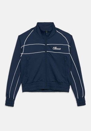 Μπλε ναυτικό μπουφάν με φερμουάρ, λευκή διακόσμηση, ψηλό γιακά, ελαστικές μανσέτες και τελείωμα, δύο τσέπες με φερμουάρ και το λογότυπο "Ellesse" στο στήθος.