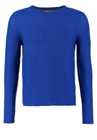 Pull en tricot à manches longues de couleur bleu roi uni, avec un col rond et des poignets côtelés, présenté sur un fond blanc uni.