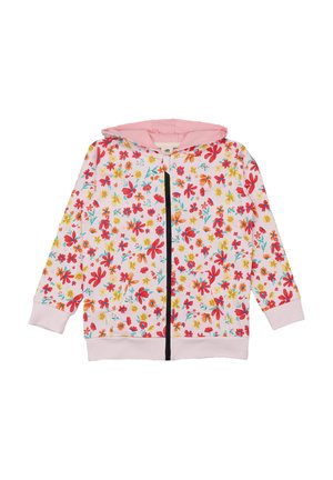 Children’s zip-up hooded sweatshirt with pink lining, white base, and colorful red, orange, and yellow floral pattern.