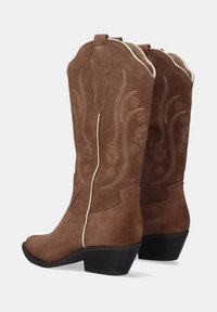 Botas de vaquero de ante marrón con intrincados bordados florales, parte superior curva y un tacón apilado. Presentan una cremallera blanca contrastante.