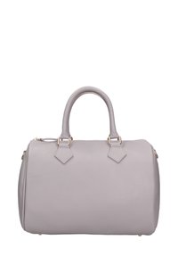 Borsa a tracolla in pelle grigia chiara di forma arrotondata, con doppio manico, dettagli hardware a forma di diamante e chiusura con cerniera. Finitura liscia e testurizzata.