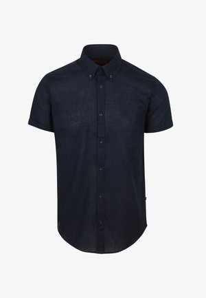 Korte mouwen, button-down shirt van donker marineblauw linnen, met een klassiek kraag, subtiele textuur en een afgeronde zoom met zijsplitsingen.