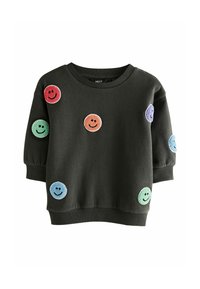 Ciemnozielony sweatshirt z okrągłym dekoltem, ozdobiony wielokolorowymi haftowanymi buźkami w kolorach czerwonym, zielonym, niebieskim i fioletowym. Ściągacze przy mankietach.