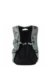 Sac à dos à motifs floraux en vert menthe avec panneau arrière en maille noire, sangles rembourrées et poignée supérieure. Comprend des sangles latérales ajustables.