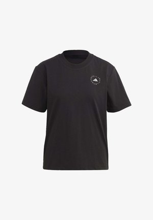 T-shirt en coton noir avec un col rond, des manches courtes et un petit logo graphique blanc sur la zone de la poitrine gauche. Design simple à coupe droite.