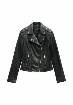 Czarna skórzana kurtka motocyklowa z asymetrycznym zamkiem błyskawicznym, zapinanymi na zamek kieszeniami bocznymi, kołnierzem na zatrzask oraz pagonami na ramionach.