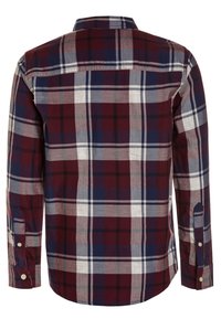 Koszula z długim rękawem, zapinana na guziki, w wielokolorowy wzór w kratę w odcieniach burgundowym, granatowym, szarym i białym. Wykonana z tkaniny tkanej z kołnierzykiem.