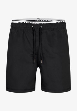 Zwarte zwemshorts met trekkoord, elastische tailleband en zichtbare witte binnenvoering met merknaam bovenaan.