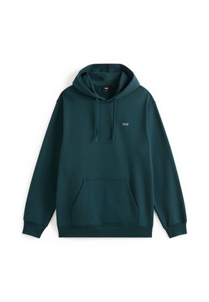 Ciemnozielona bluza z kapturem z przednią kieszenią kangurką i małym logo marki na klatce piersiowej. Wykonana z miękkiego, teksturowanego materiału.