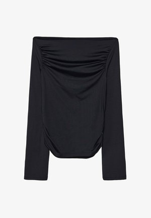 Mustat olkainless pitkähihainen paita, jossa on rypytetty yksityiskohta edessä ja sileä pinta. Kevyt materiaali, joka on muotoiltu kiinteästi.