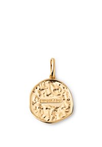 Goldanhänger mit strukturiertem, gehämmertem Finish. Runde Form mit eingraviertem Logo "SINGULARU." Öse zur Befestigung an der Oberseite.