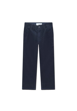 Navy corduroy trousers with a straight cut, featuring subtle ribbing, front pockets, and a single-button closure.
