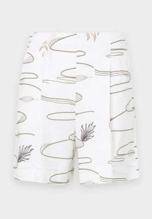 Bele hlače z nežnimi, abstraktnimi zelenimi in rjavimi črtami, ki imajo plise in gladko teksturo.