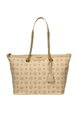 Borsa tote beige Pollini con manici a catena dorata e motivo ripetuto del logo "P", chiusura con zip e dettaglio targhetta in pelle.