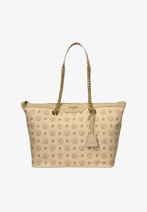 Borsa tote beige Pollini con manici a catena dorata e motivo ripetuto del logo "P", chiusura con zip e dettaglio targhetta in pelle.