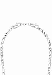 Collana in argento con anelli ovali e rotondi intrecciati, dotata di un sicuro moschettone e di un sottile dettaglio di branding su un anello.