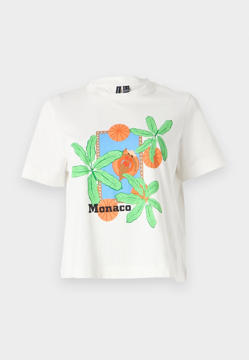 T-shirt blanc à manches courtes présentant un graphique bleu avec des feuilles de palmier vertes, des cercles oranges et le mot "Monaco" en texte noir en bas.