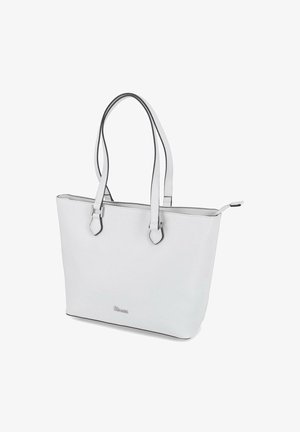 Witte lederen tote bag met twee lange handgrepen, een rechthoekige vorm, zwarte accenten en zilveren hardware; heeft een gladde textuur en een subtiel logo.