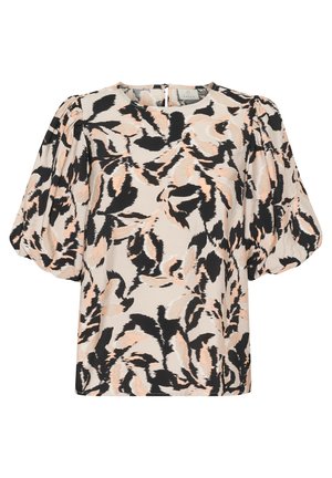 Korte mouwen blouse van lichtgewicht stof, met een bloemenpatroon in zwart, perzik en crème, voorzien van een ronde halslijn en gathered mouwen.