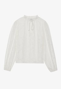 Blusa blanca de manga larga con un patrón floral texturizado, escote fruncido y detalle de lazo. Tejido suave; corte holgado con mangas abullonadas.