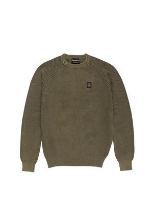 Maglione lavorato a maglia verde oliva con collo rotondo, maniche lunghe, polsini e orlo a costine, e un piccolo logo applicato sul petto.