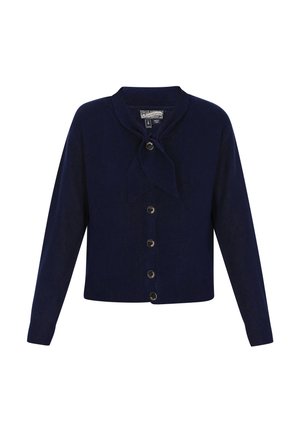 Námořní svetr z měkké tkaniny, s kulatým výstřihem, detaily mašle a zlatými knoflíky na přední straně. Dlouhé rukávy a žebrované manžety.