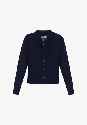 Granatowy kardigan wykonany z miękkiego materiału, z okrągłym dekoltem, detalem w postaci kokardy i złotymi guzikami z przodu. Długie rękawy i ściągacze na rękawach.