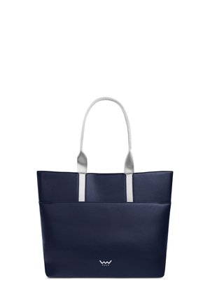Navy blue tote bag made of smooth material, featuring grey, sturdy handles and a subtle white logo at the bottom. Simple rectangular design.