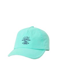 Gorra de béisbol verde menta con visera curva, con un diseño bordado en azul oscuro, que incluye motivos de sol y ola.