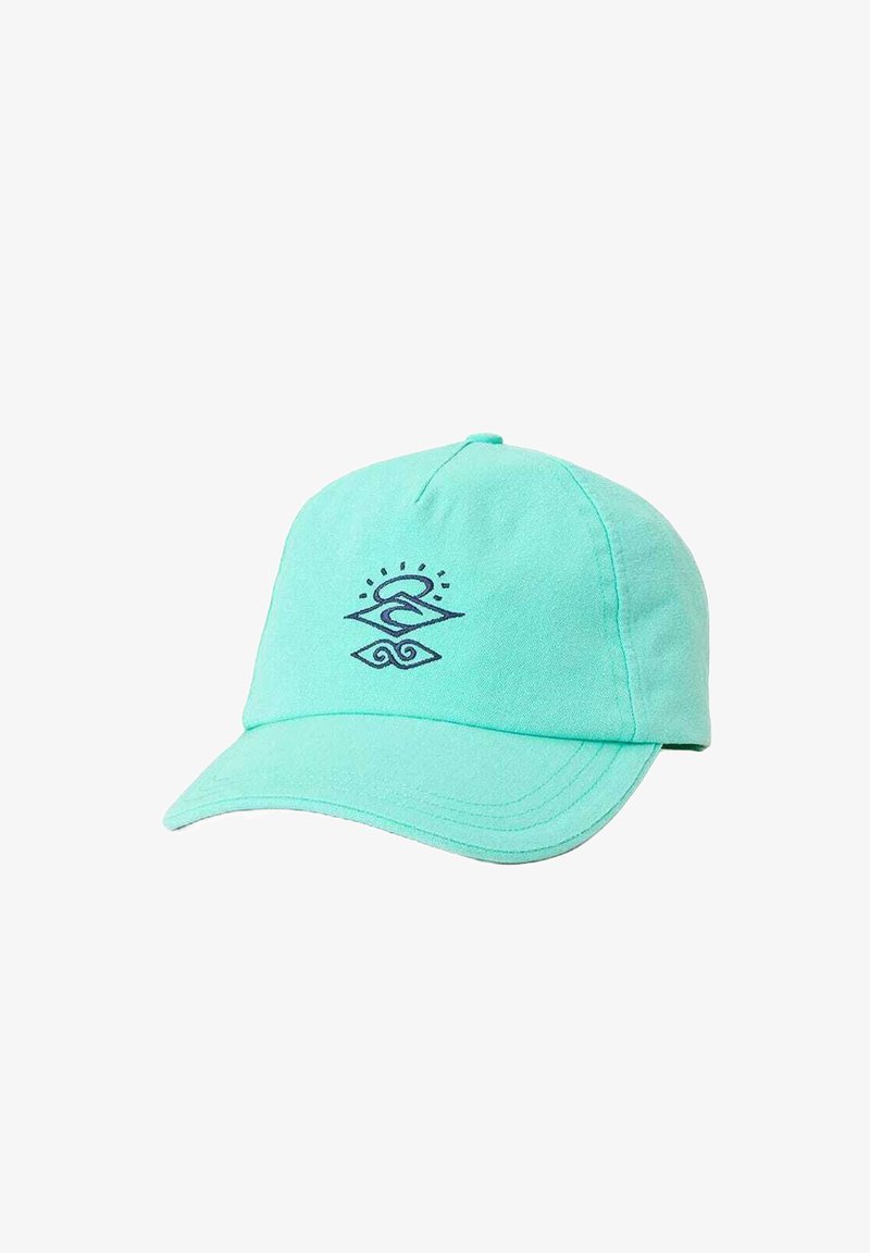 Gorra de béisbol verde menta con visera curva, con un diseño bordado en azul oscuro, que incluye motivos de sol y ola.