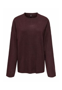 Burgundowa sweter z długim rękawem i okrągłym dekoltem. Miękka tekstura, luźny krój i opadające szwy ramion. Brak widocznych wzorów lub elementów metalowych.