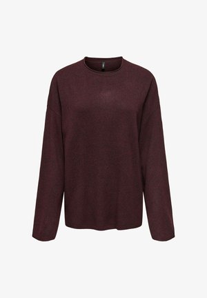 Maglione bordeaux a maniche lunghe con collo a giro. Texture morbida, vestibilità comoda e spalle scese. Nessun motivo o accessorio visibile.
