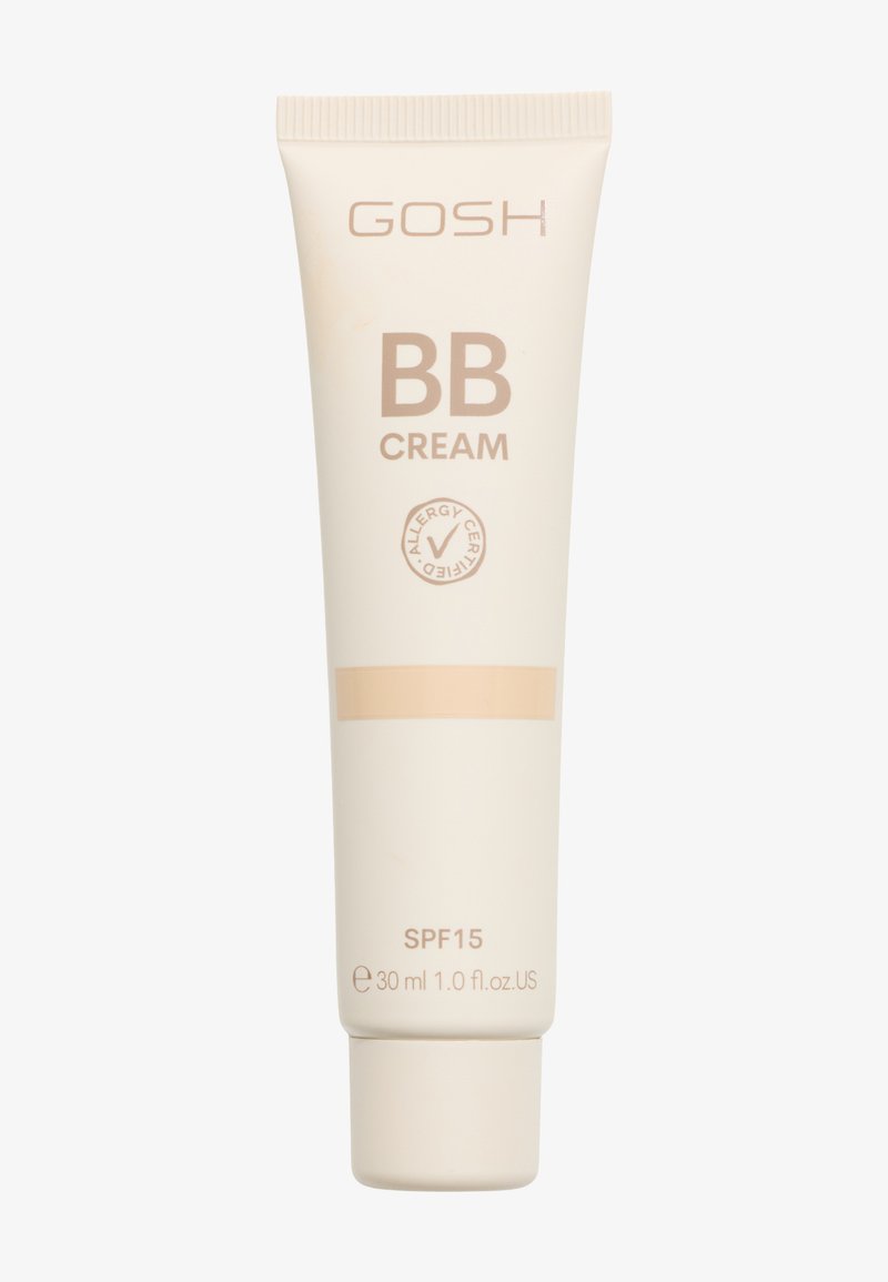 Tube de BB crème GOSH avec SPF 15, 30 ml, certifiée anti-allergie, bande beige sur emballage beige clair.