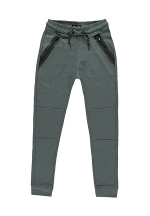 Grijze joggingbroeken gemaakt van een zachte stof met een elastische tailleband, voorzien van twee voorzakken met rits en paneel-detailing op de benen.