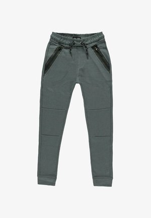 Grijze joggingbroeken gemaakt van een zachte stof met een elastische tailleband, voorzien van twee voorzakken met rits en paneel-detailing op de benen.