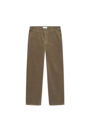 Brown corduroy pants with a straight cut, featuring a front button closure and two side pockets. Textured fabric with vertical ribs.