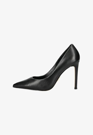 Zwarte leren hoge hakpumps met een spits toelopende neus, slanke silhoutte en een slanke stilettohak. Glad textuur met een minimalistisch ontwerp.