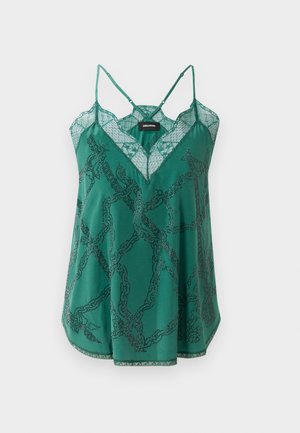 Groene satijnen top met een V-hals en kantdetails. Heeft een kettingpatroon met kraalaccenten en dunne verstelbare schouderbandjes.