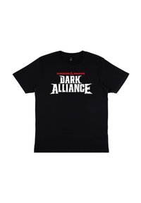 Czarna bawełniana koszulka z napisem "Dungeons & Dragons" w kolorze czerwonym oraz "DARK ALLIANCE" w bieli, wytłuszczona, umieszczona na środku klatki piersiowej.