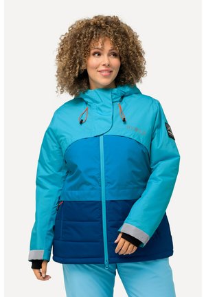 Turquoise and blue insulated jacket with a hood, contrasting panel design, elastic drawstrings, and grey cuff accents. Zippered front pockets.