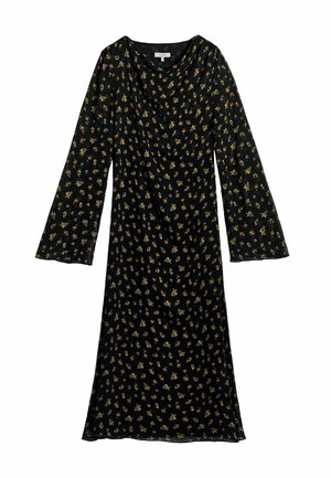 Must pikkade varrukatega midi kleit väikese kollase lillemustriga ja volditud kaelusega.