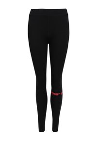 Leggings neri realizzati in tessuto elasticizzato, con una vestibilità aderente e un logo rosso "SUPERDRY" sul lato sinistro del polpaccio. Texture liscia, design semplice.