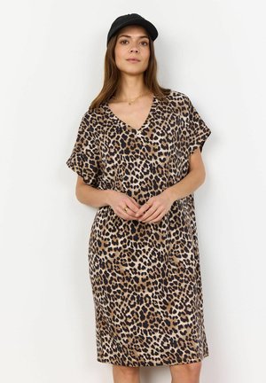 Leopard print dress in shades of brown and black, featuring a V-neck and short sleeves, with a relaxed fit and smooth texture.
